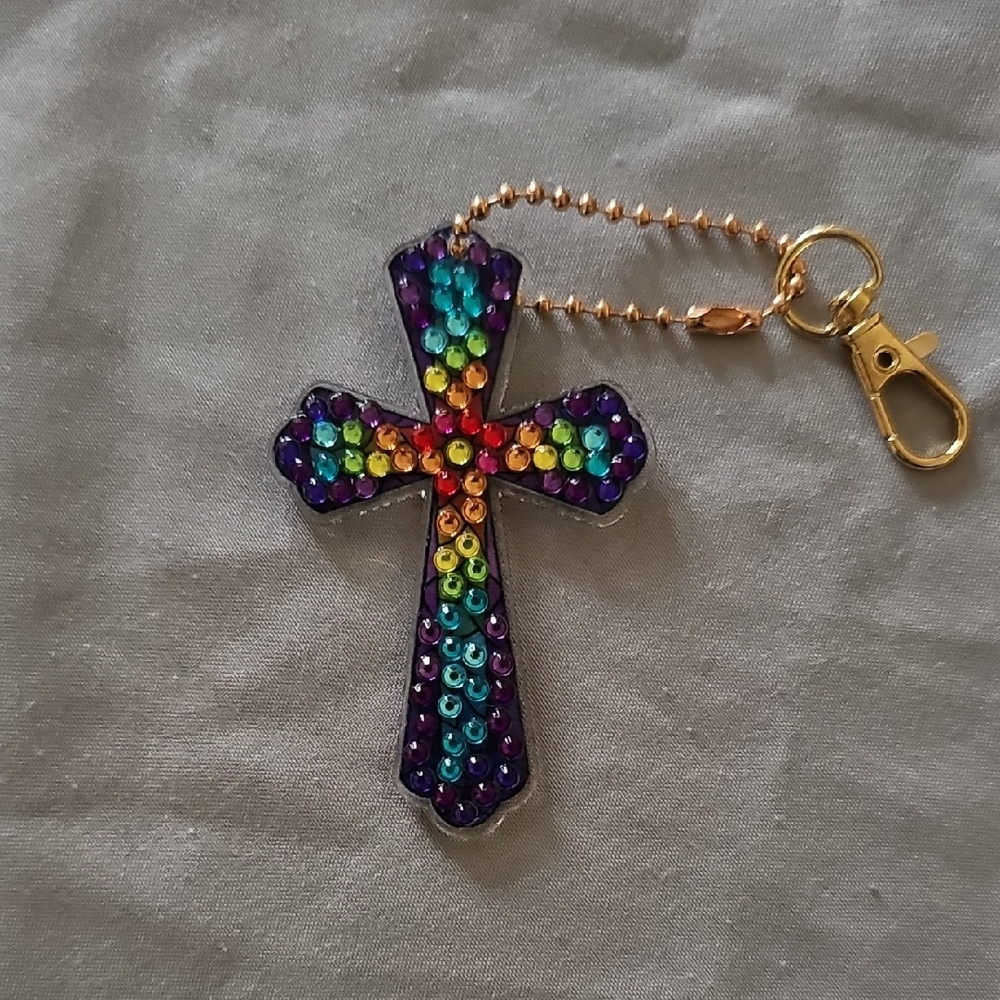Colorful Rhinestone Cross Keychain with Gold Chain